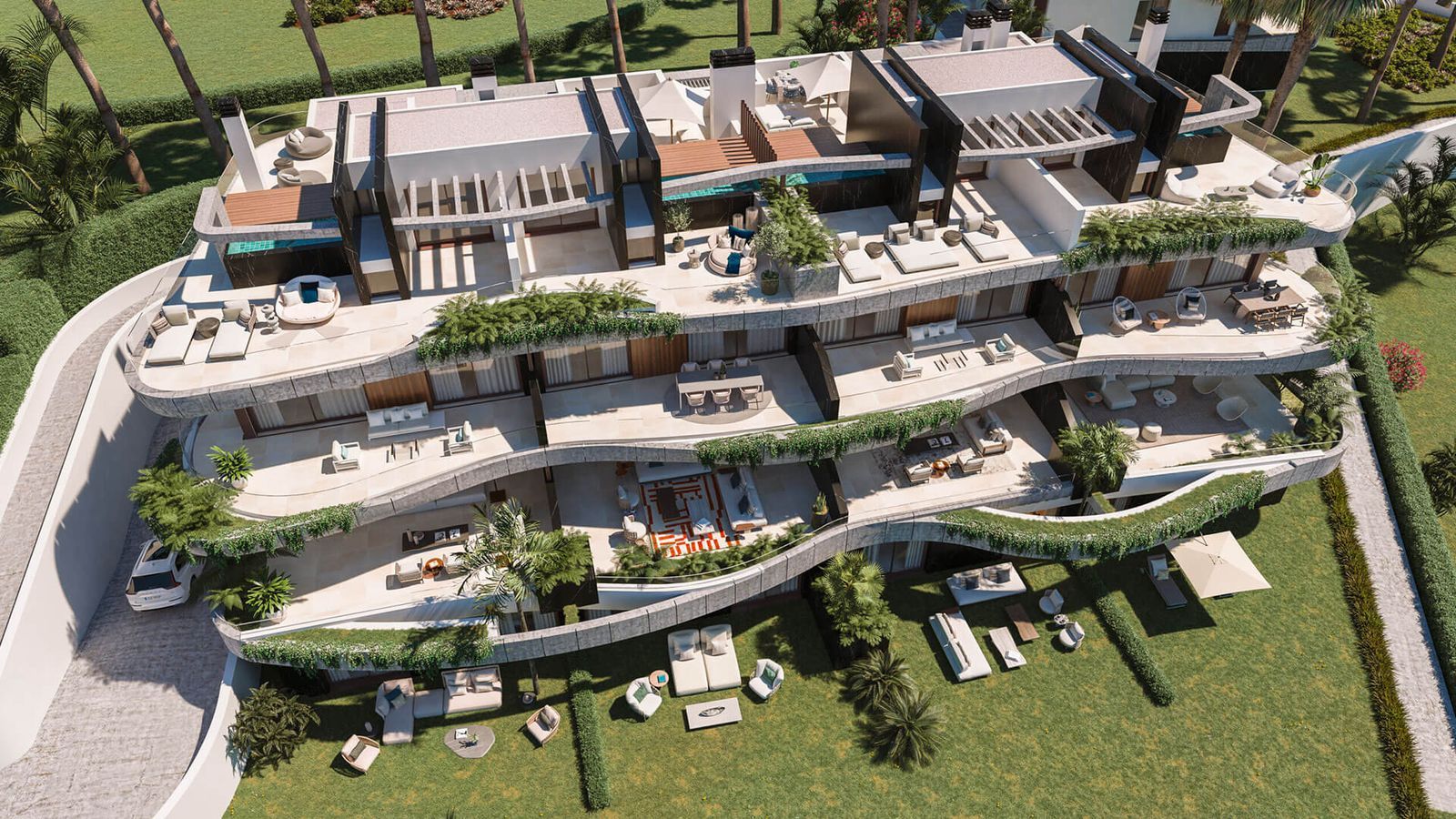 Luxe villa met meerdere verdiepingen en terrassen, gezien van bovenaf.