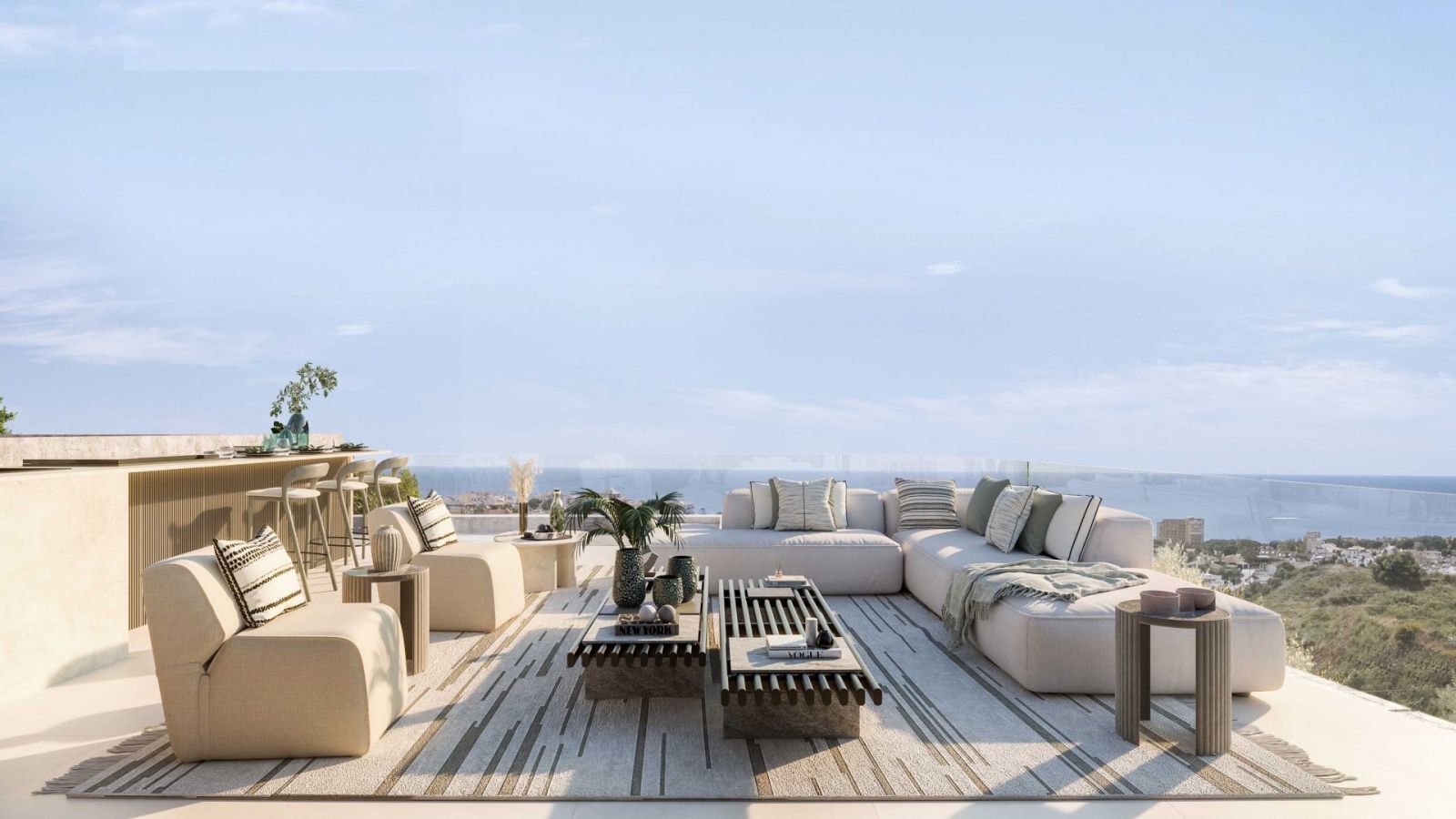 Modern terras met zitgedeelte en uitzicht op de oceaan