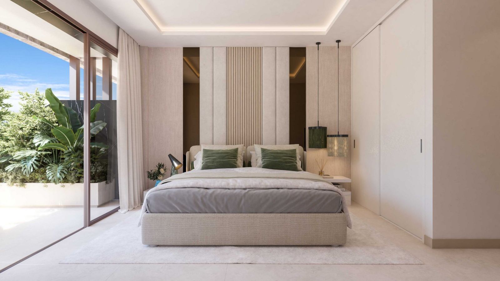 Moderne slaapkamer met uitzicht op de tuin